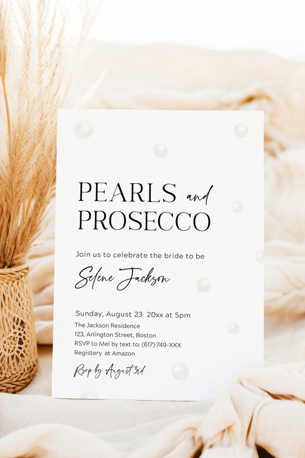 Pearl and Prosecco Modern Bridal Shower Invitation - Vowpaperie