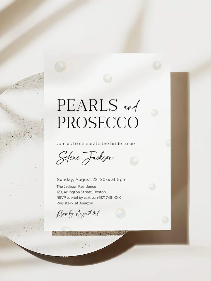 Pearl and Prosecco Modern Bridal Shower Invitation - Vowpaperie