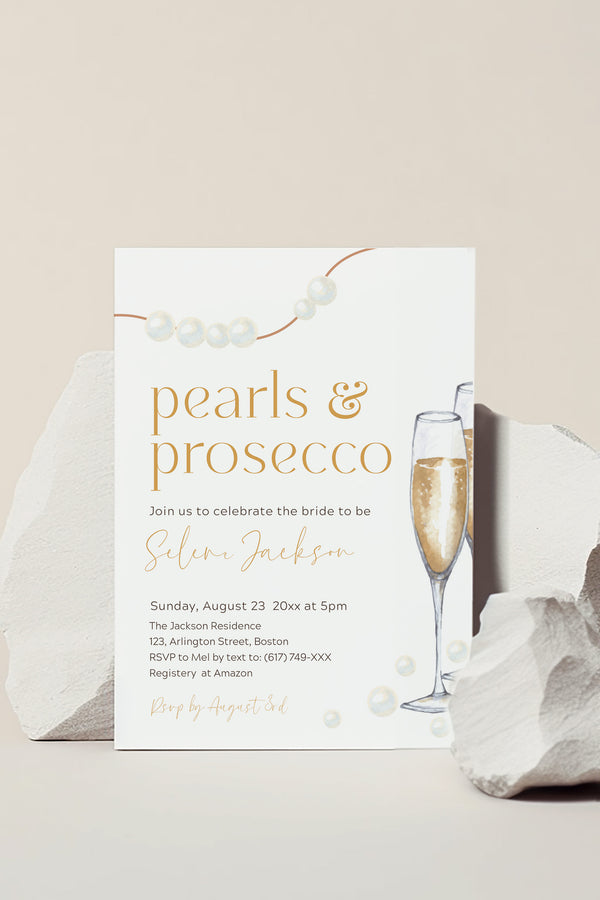 Elegant Pearls and Prosecco Bridal Shower Invitation - Vowpaperie