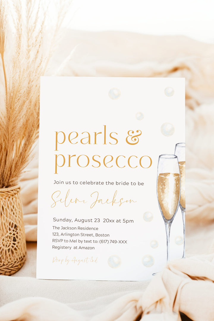 Pearls and Prosecco Bridal Shower Elegant Invitation - Vowpaperie