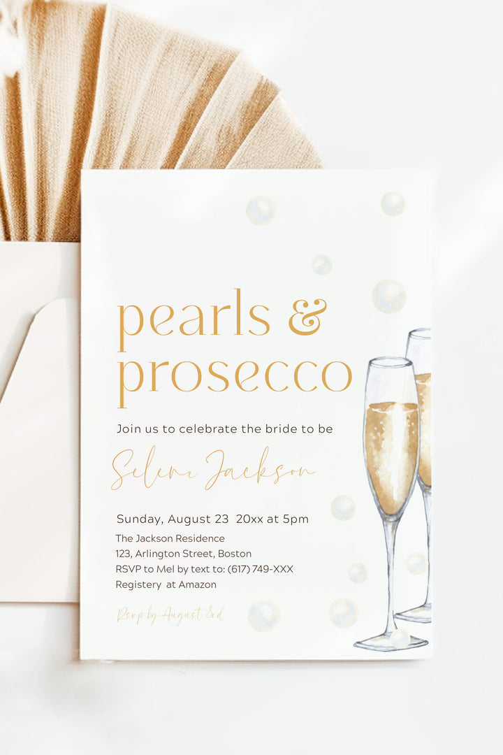 Pearls and Prosecco Bridal Shower Elegant Invitation - Vowpaperie