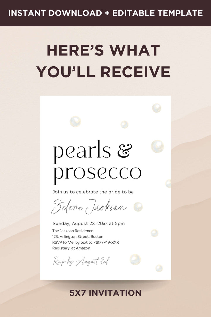 Pearls and Prosecco Bridal Shower Minimalist Invitation - Vowpaperie