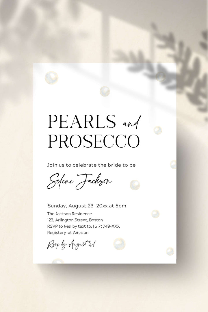 Pearl and Prosecco Modern Bridal Shower Invitation - Vowpaperie