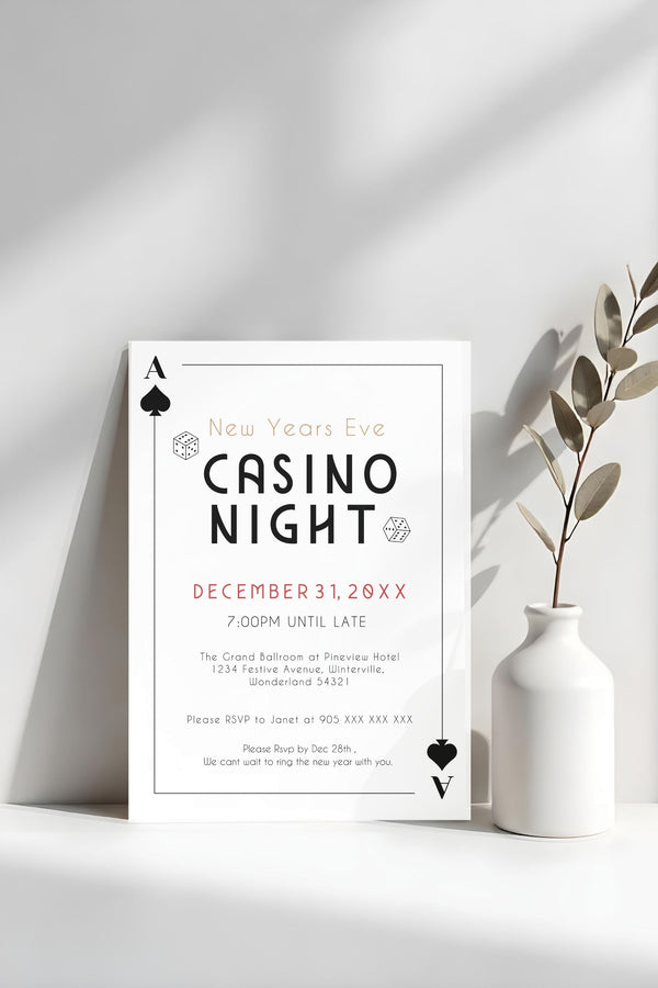 Casino Night Party Invitation with cards, chips, and dice for a New Year’s Eve casino-themed celebration