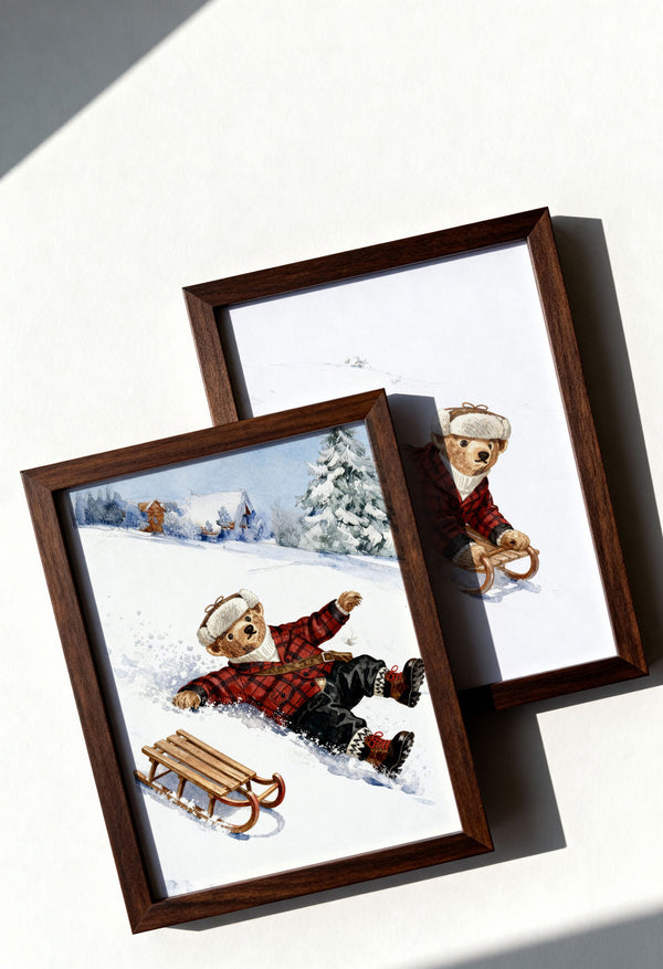 Ralph Lauren–Inspired Sledding Bear Prints – Vintage Winter Holiday Wall Art