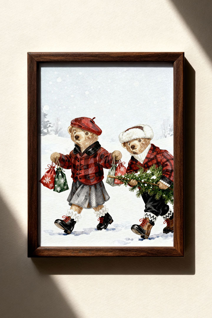 Framed artwork of two teddy bears in winter attire on a snowy background.