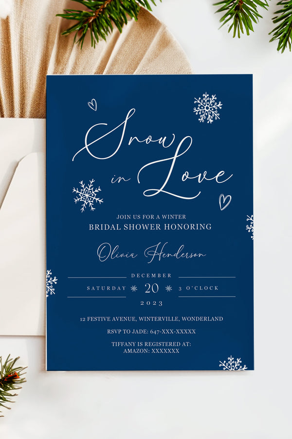 Snowflake Bridal Shower Invitation, Elegant Winter Bridal Shower Design, Dark Blue Snowflake Invitation, Snow in Love Collection, Customizable Winter Shower Card