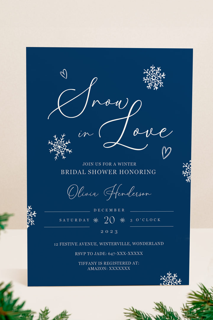 Snowflake Bridal Shower Invitation, Elegant Winter Bridal Shower Design, Dark Blue Snowflake Invitation, Snow in Love Collection, Customizable Winter Shower Card