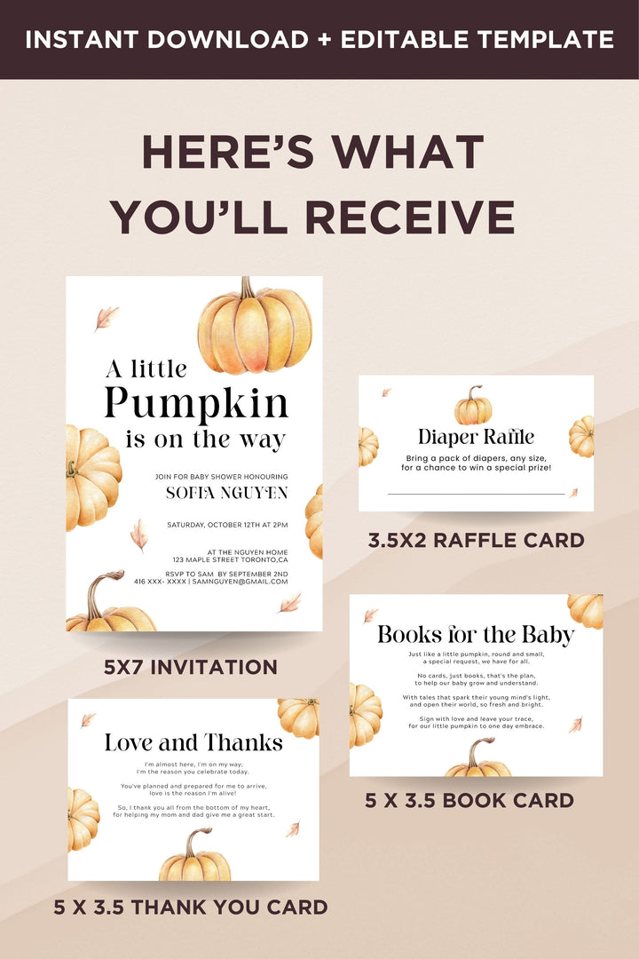 Personalized Golden Pumpkin Baby Shower Set, including invites and thank you cards for autumn celebrations.