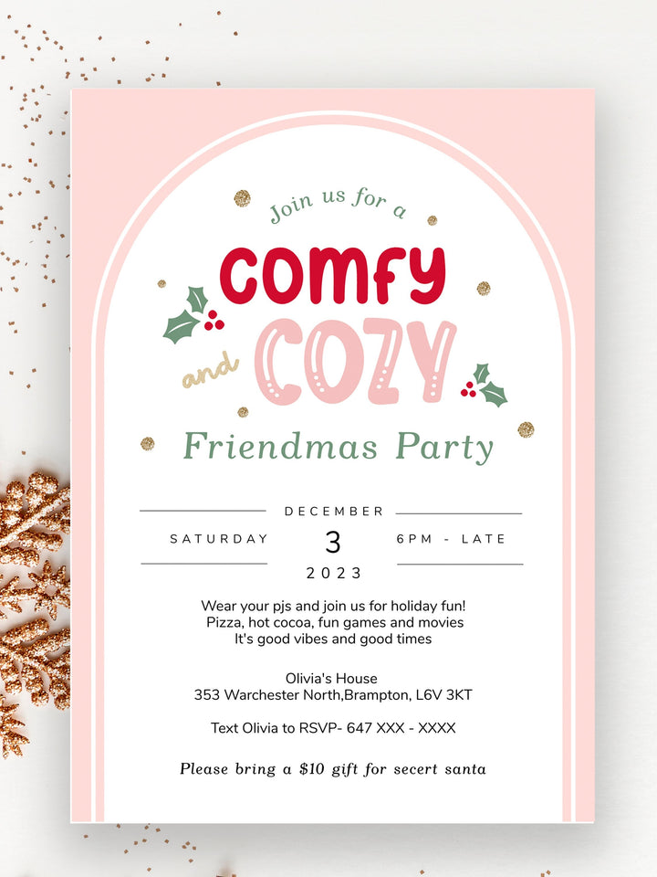 Comfy and Cozy Christmas Party Invitation - Pink Holiday Pajama Party Invite -