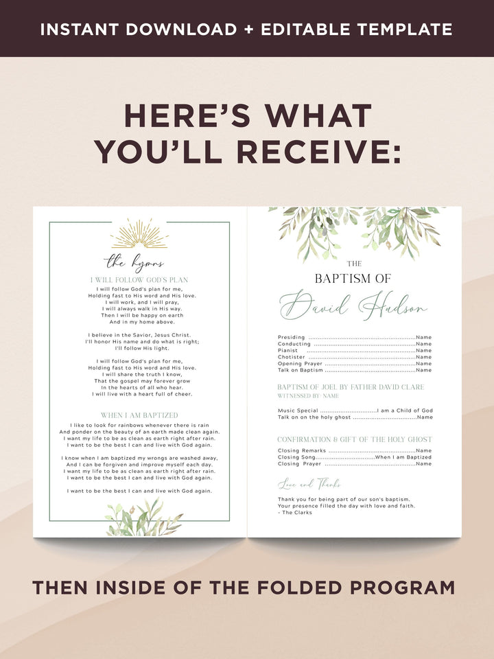 Greenery LDS Baptism Program - Customizable Template for Boys and Girls -