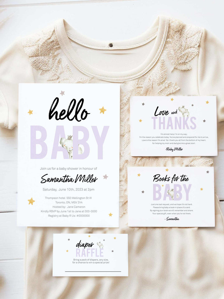 Hello Baby Elephant Baby Shower Invitation Set with a gender-neutral terracotta theme