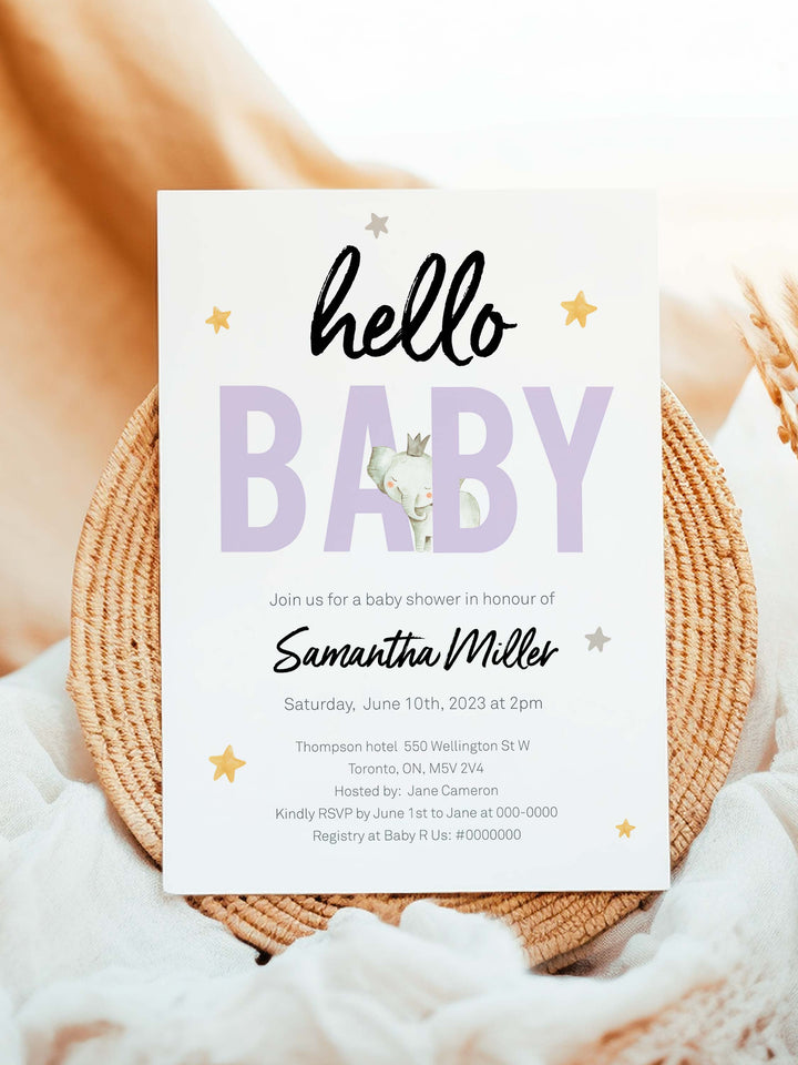 Hello Baby Gender Neutral Invite - Baby elephant collection - Place cards