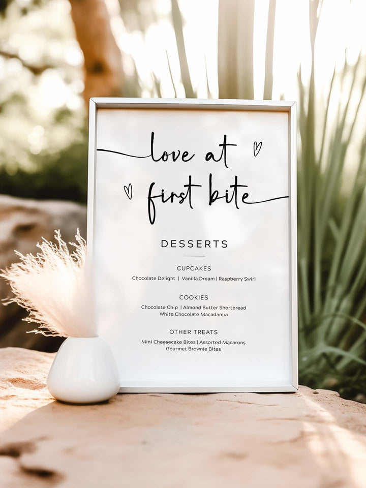 Love at First Bite - Modern Desert Sign, Minimalist Sweets Table Signs, Wedding Table Decor - The Victoria Collection -