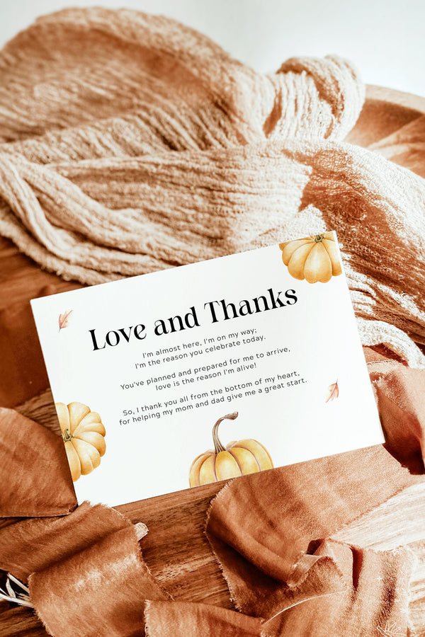 Golden Pumpkin Baby Shower Thank You Card with elegant golden pumpkin design for a fall-themed baby shower