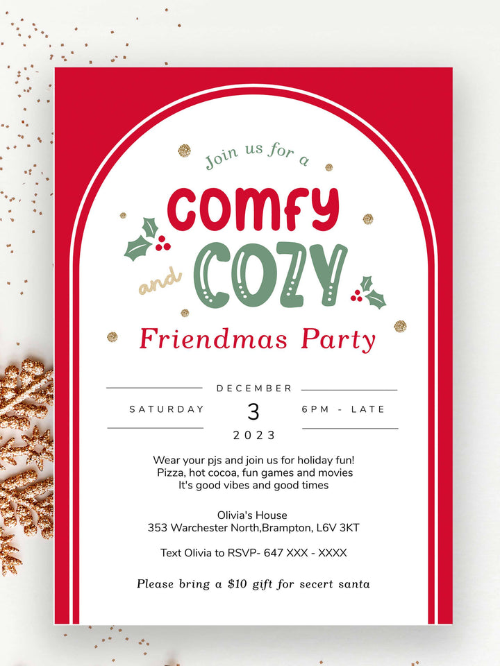 Comfy and Cozy Christmas Party Invitation - Red Holiday Pajama Celebration Invite - Vowpaperie