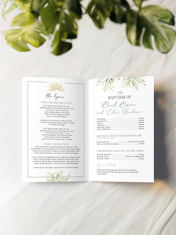 Greenery Double LDS Baptism Program - Customizable Template for Twins