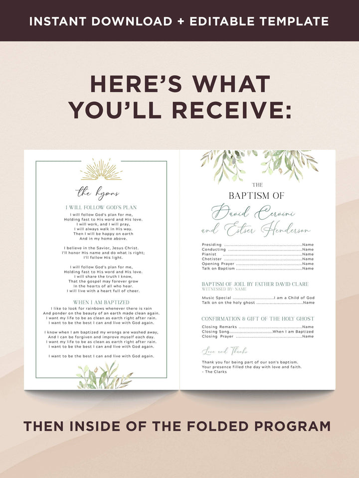 Greenery Double LDS Baptism Program - Customizable Template for Twins