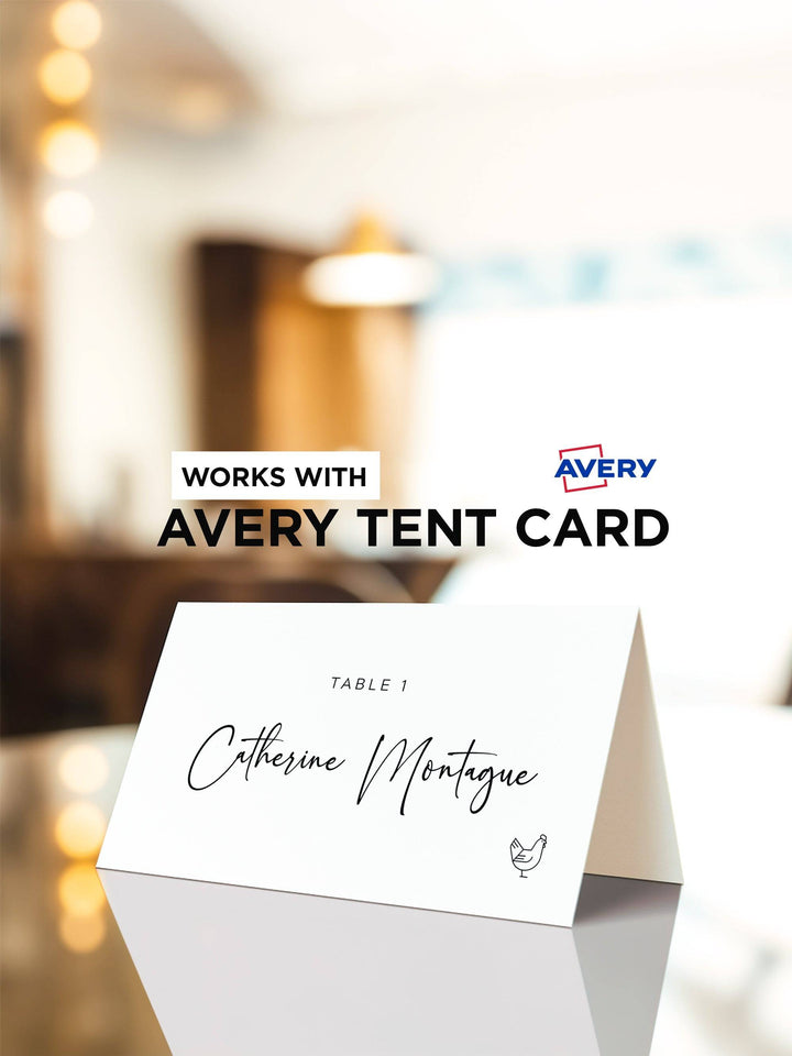 Minimalist Wedding Name Place Cards, with Meal Choice - Avery Tent Card Template - Carmen Collection - Vowpaperie