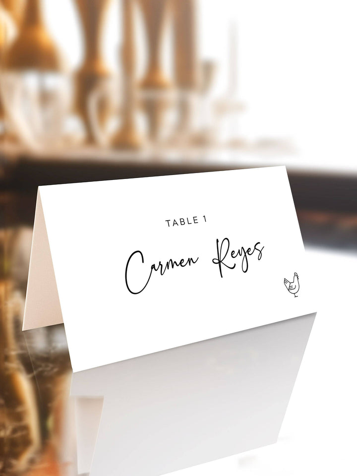 Minimalist Wedding Name Place Cards, with Meal Choice - Style 001 - Carmen Collection - Vowpaperie