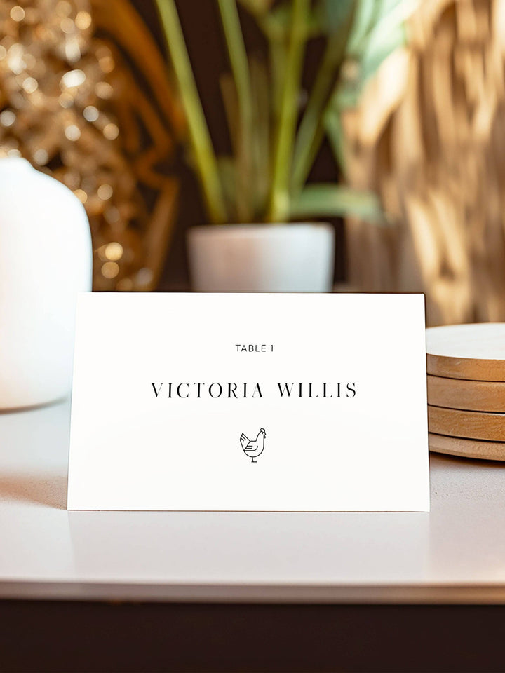 Minimalist Wedding Name Place Cards, with Meal Choice - Victoria Collection - Vowpaperie