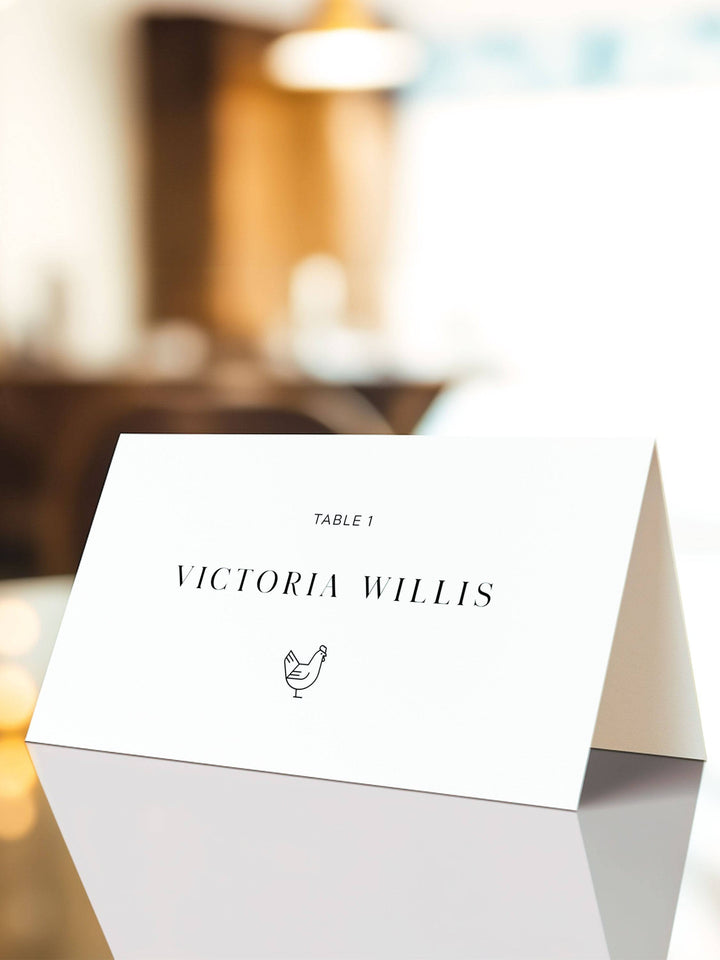 Minimalist Wedding Name Place Cards, with Meal Choice - Victoria Collection - Vowpaperie