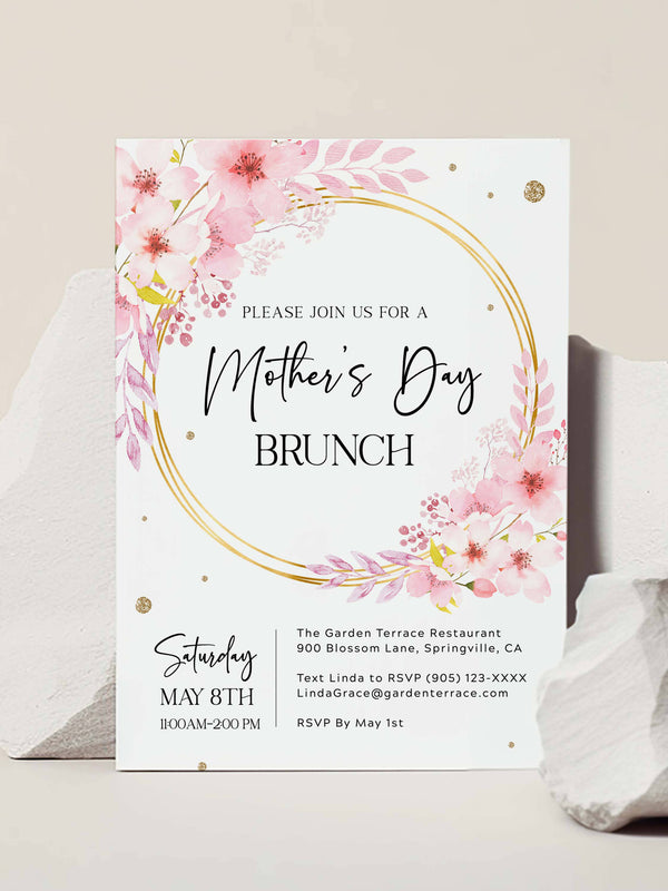 Mother's Day Brunch Invitation - Gold with pink Florals - Vowpaperie