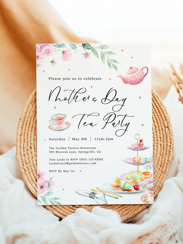 Mother's Day Tea Party Invitation - Gold with Pink Florals - Vowpaperie