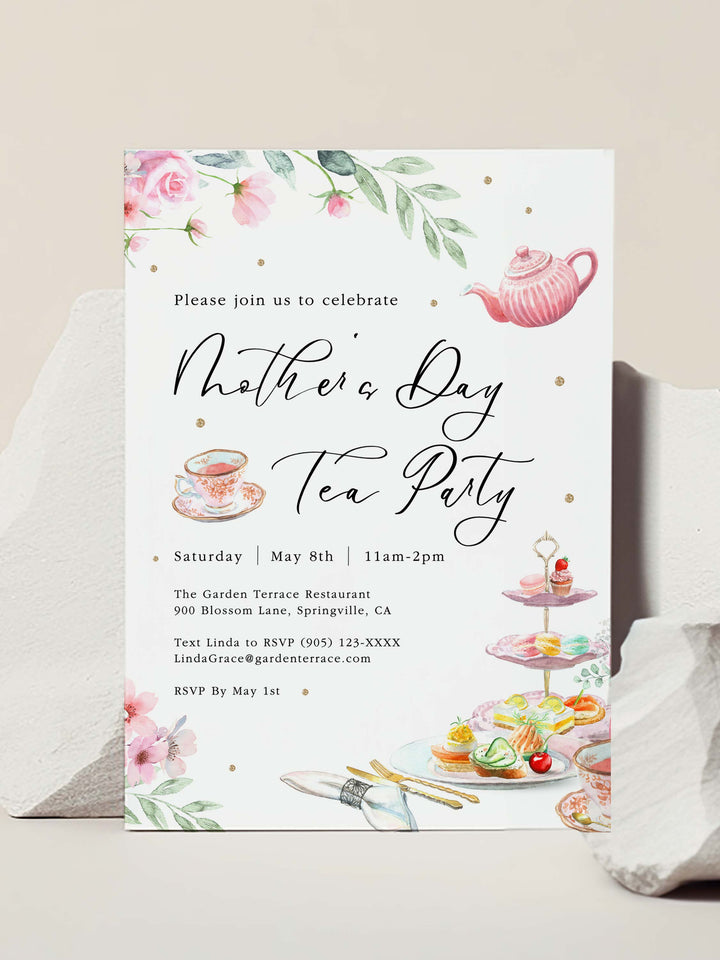 Mother's Day Tea Party Invitation - Gold with Pink Florals - Vowpaperie