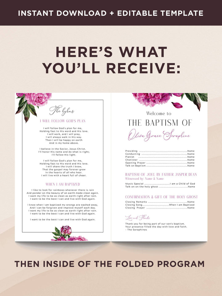 Pink Wildflower LDS Baptism Program for Girls