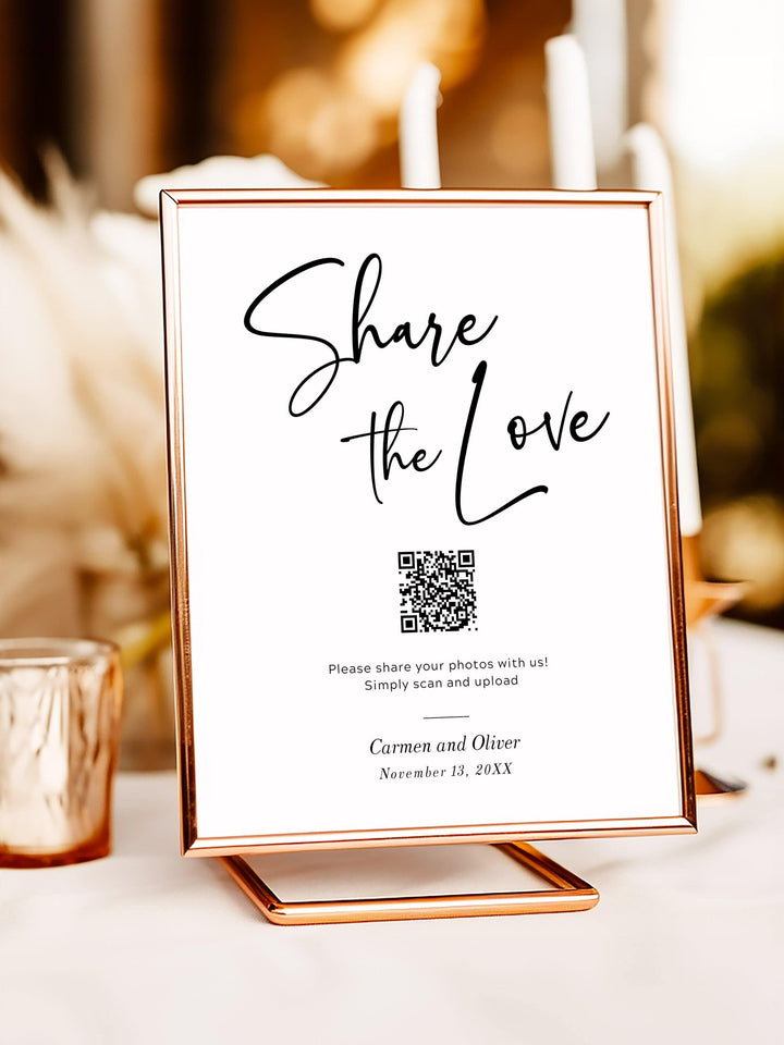 Share the Love QR Code Wedding Sign, Wedding Photo Table Sign, Guest Photo Sharing Table sign- The Carmen Collection - Vowpaperie