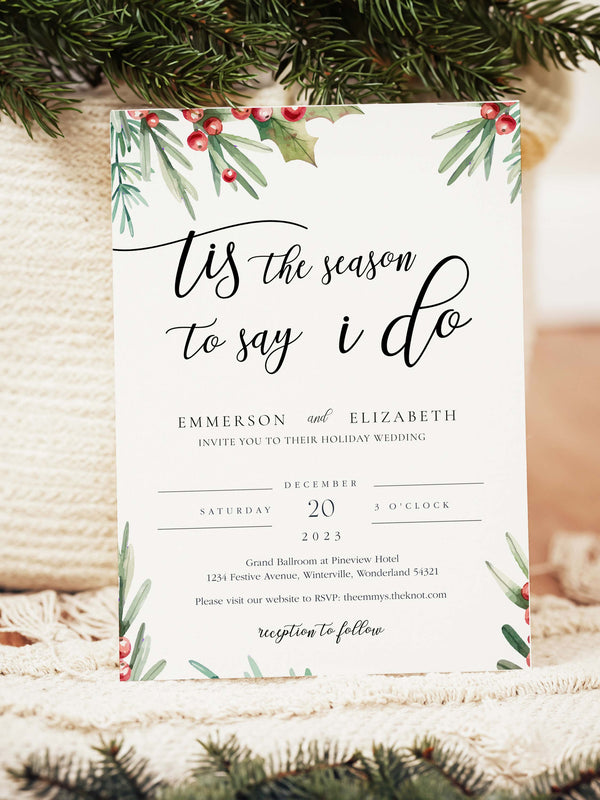 Winter Wedding Invitation - 'Tis the Season to Say I Do - Vowpaperie