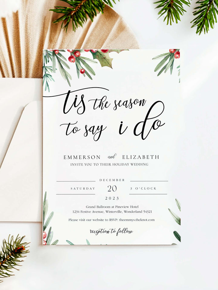 Winter Wedding Invitation - 'Tis the Season to Say I Do - Vowpaperie