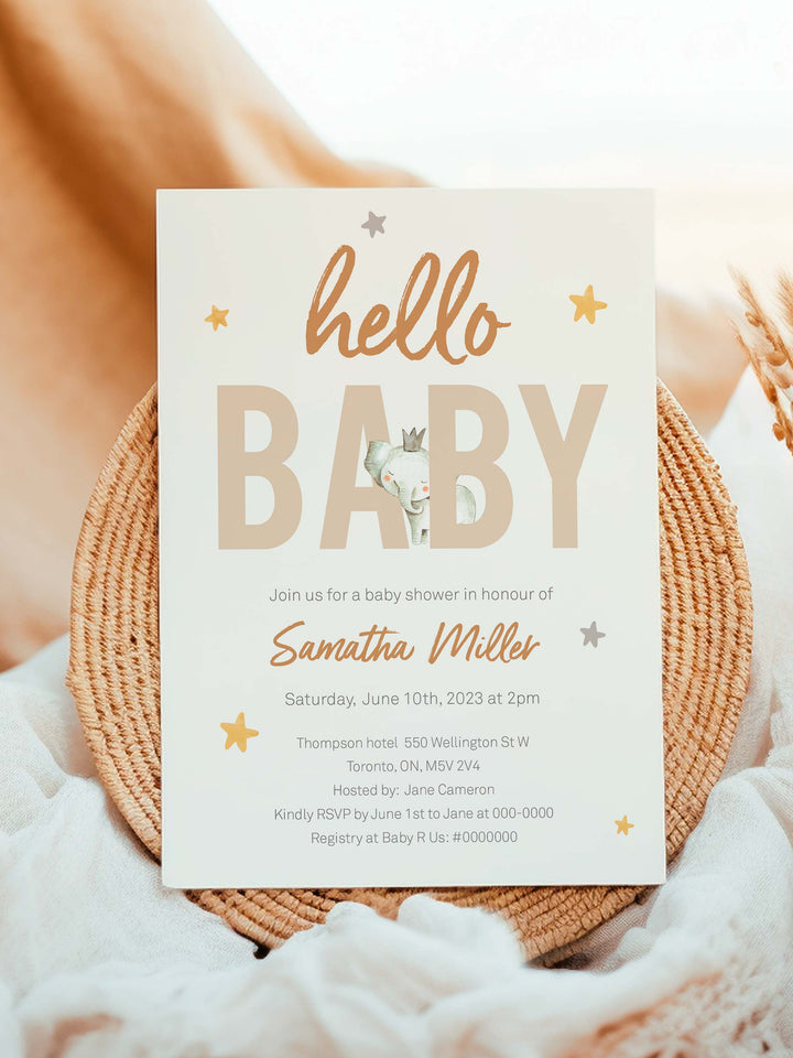 Terracotta Elephant Baby Shower Invitation with a gender-neutral boho theme