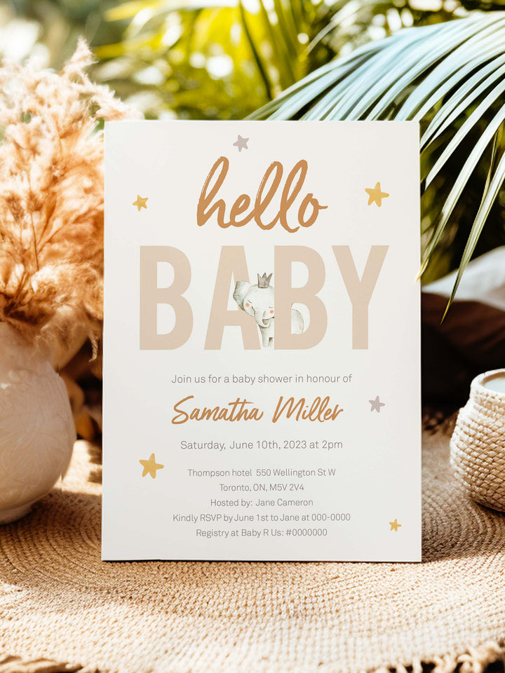 Terracotta Elephant Baby Shower Invitation, Hello Baby Gender Neutral Invite - Baby elephant collection - Vowpaperie