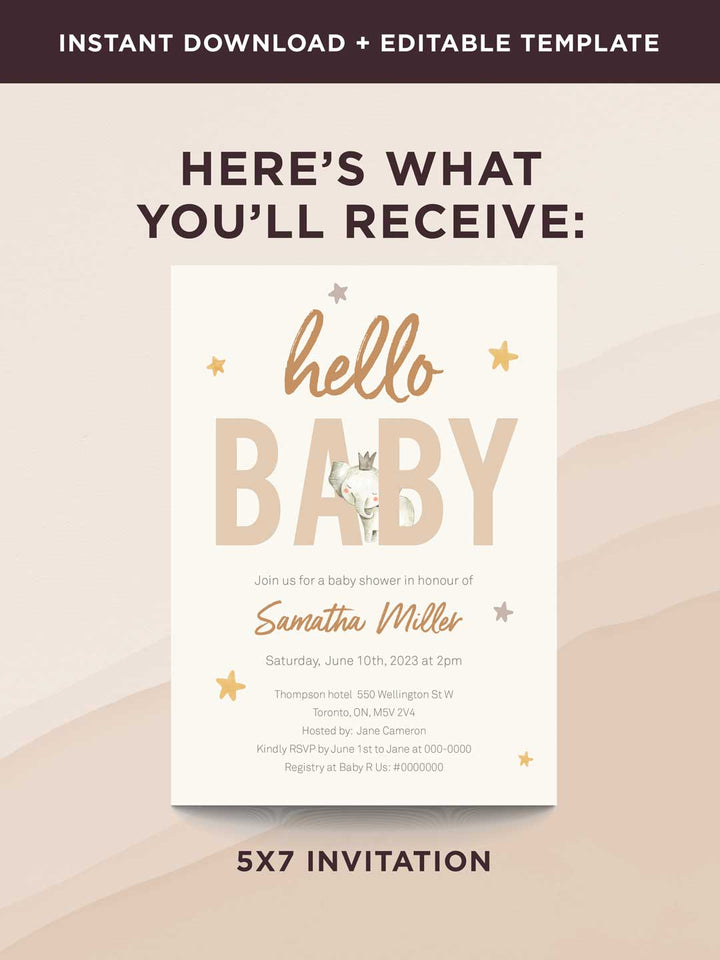 Terracotta Elephant Baby Shower Invitation, Hello Baby Gender Neutral Invite - Baby elephant collection - Vowpaperie