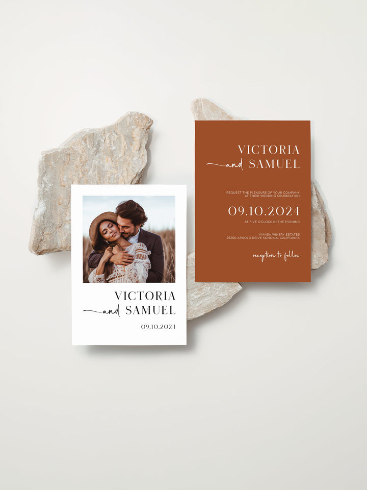 Terracotta Minimalist Wedding Invitation – Earthy Tones, Photo Wedding Invite - Victoria collection - Wedding invitation Suites