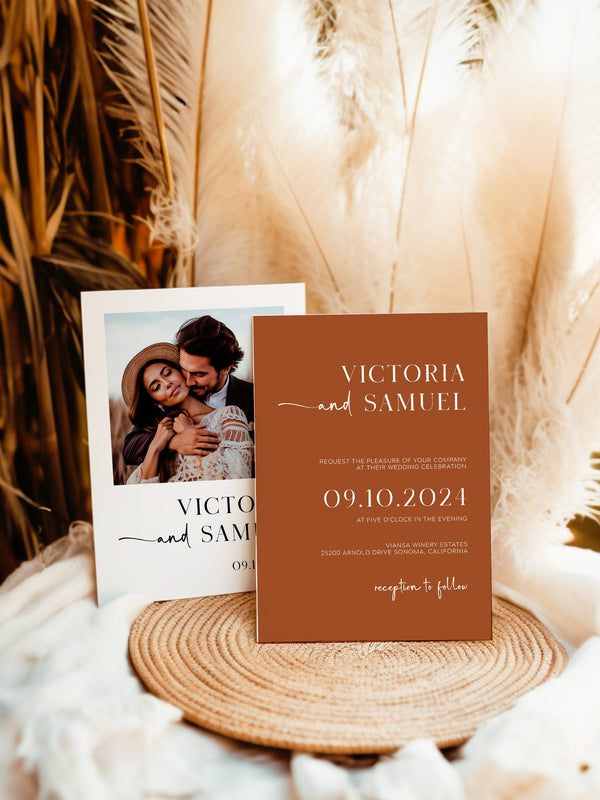 Terracotta Minimalist Wedding Invitation – Earthy Tones, Photo Wedding Invite - Victoria collection - Wedding invitation Suites